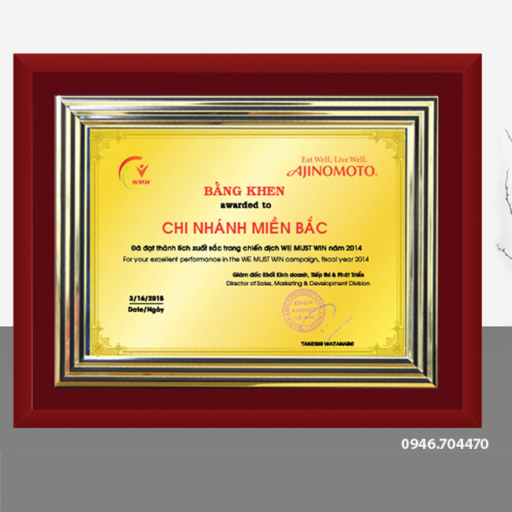 Bằng khen gỗ đồng 20cm x 25cm