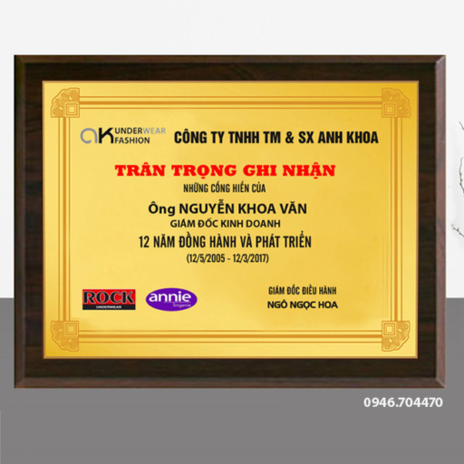 Bảng vinh danh gỗ đồng 23cm x 30cm