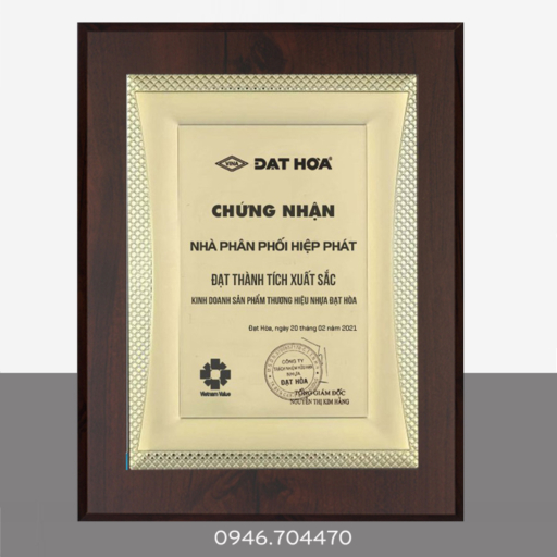 Bảng chứng nhận đại lý mạ vàng